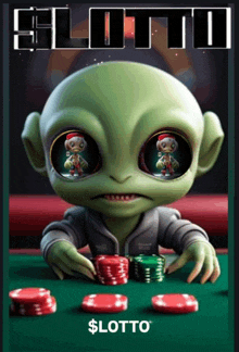 a green alien is sitting at a poker table with stacks of chips