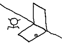 a black and white drawing of a man standing next to a laptop .