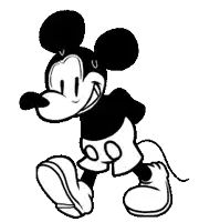 a black and white drawing of mickey mouse is walking .