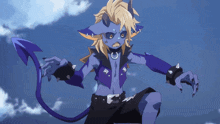a cartoon character with a purple tail and spiked sleeves