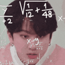 a close up of a person 's face with mathematical equations on it .