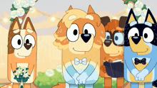 a group of cartoon dogs standing next to each other with one holding a bouquet of flowers
