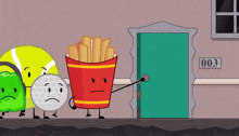 a cartoon of a golf ball a french fries container and a tennis ball
