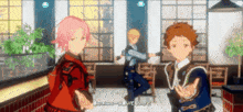 a group of anime characters are standing in a room and one of them has a pink hair color