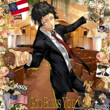 a picture of a man in a suit and tie with the words god bless you at the bottom