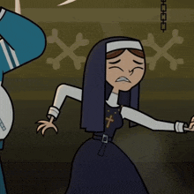 a nun with a cross on her chest is crying in a cartoon