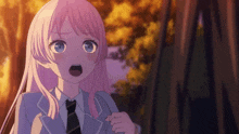 a girl with a surprised look on her face is wearing a school uniform and tie