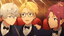 three anime characters are standing next to each other and one of them has glasses