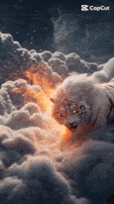 a white tiger is surrounded by clouds and fire with the caption capcut