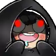 a cartoon character wearing a black hoodie with red eyes and a smile on his face .