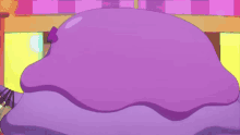 a purple cartoon character with purple lips and a bow on her head