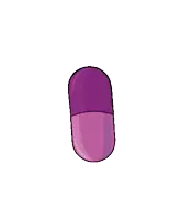 a purple capsule with a black monster inside of it