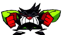 a pixel art drawing of a black and green cartoon character with a red mouth and red fists .