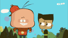 a group of cartoon characters standing next to each other with the word okeo on the bottom right