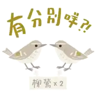 two birds are standing next to each other with chinese writing