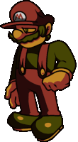 a cartoon drawing of mario wearing overalls and a hat with a m on it
