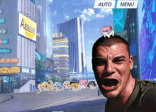 a man screaming in front of a city with a sign that says astation on it