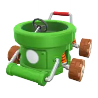 a green toy car with a steering wheel and brick wheels