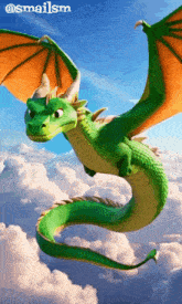 a green dragon with orange wings is flying through a cloudy sky