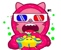 a cartoon drawing of a cat wearing 3d glasses and holding a video game controller