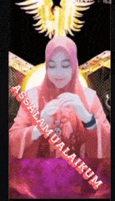 a woman in a pink hijab with the words assalamualaikum written in red