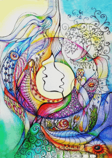 a colorful drawing of a woman 's face with flowers in the background
