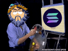 a cartoon of a man painting a picture with the words poseidon 's kiss pos below him