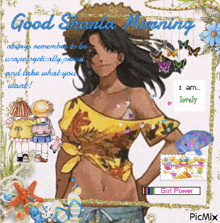 a picture of a woman with the words good shana morning on it