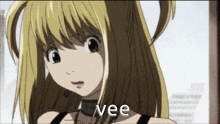 a close up of a girl with the word vee written on the bottom