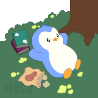 a penguin is laying in the grass next to books and a bag of potato chips