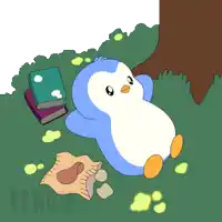a penguin is laying in the grass next to books and a bag of potato chips