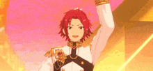 a cartoon character with red hair is wearing a white uniform and holding his hand up .