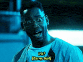 a man wearing glasses and a white shirt is making a funny face and says iris ? barry : iris !