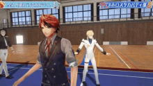 a man in a suit and tie is standing in a gym with a sign above him that says ' a '