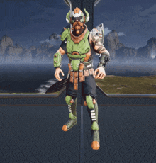 a video game character in a green and orange outfit with a shield