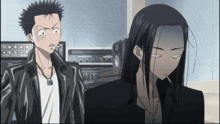 a man with a cigarette in his mouth is standing next to a woman with long black hair