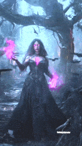 a woman in a black dress is holding purple flames