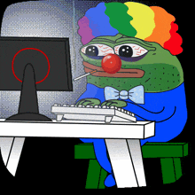 a cartoon frog with a clown nose is sitting at a desk using a computer