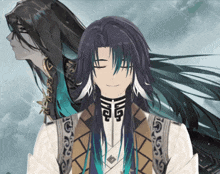 a drawing of a man with long hair and a necklace that says g on it