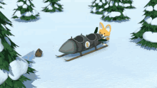 a cartoon fox is riding a sled with the letter f on it