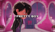 a cartoon character named pretty boy is standing in front of a pink heart shaped wall .