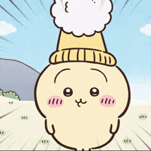 a cartoon character wearing a hat with a white cloud on it
