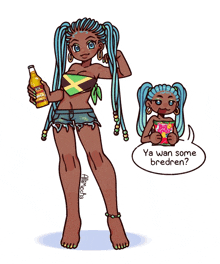 a drawing of a girl with dreadlocks holding a bottle and a bag of chips