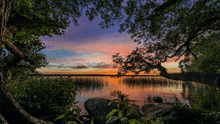 a sunset over a lake surrounded by trees and grass
