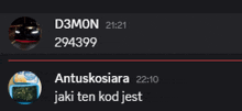 a screenshot of a conversation between d3mon 294399 and antuskosiera