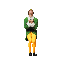 a man dressed in a green elf costume and yellow pants is jumping in the air