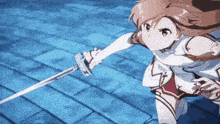 a girl in a white dress is holding a sword .
