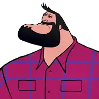 a cartoon of a man with a beard wearing a pink and blue plaid shirt