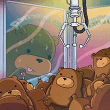 a bunch of teddy bears are sitting in front of a claw machine that says ' catch ' on it