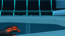 a hand with a glowing orange stripe on it is in front of a blue wall